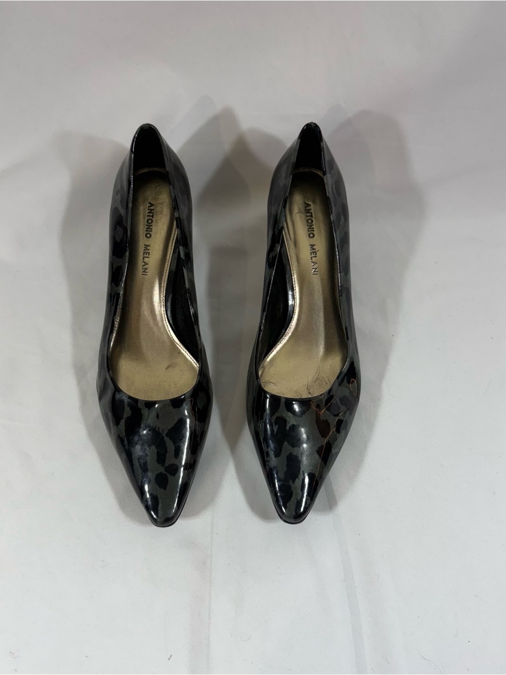 ANTONIO MELANI Black Patent Leopard Pointed Toe Pumps